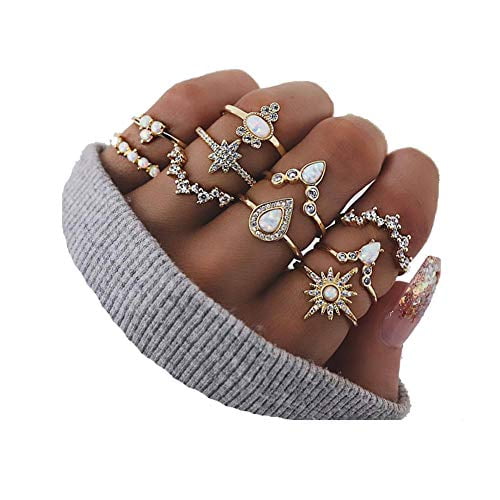 Styel D:10pcs 6-16 PCS Knuckle Stacking Rings for Women Teen Girls,Boho Vintage Geometric Teardrop Crystal Midi Finger Rings Set